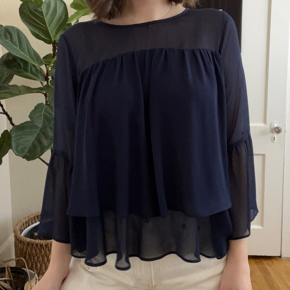 Navy Blue Sheer Flounce Top with Peplum Sleeves